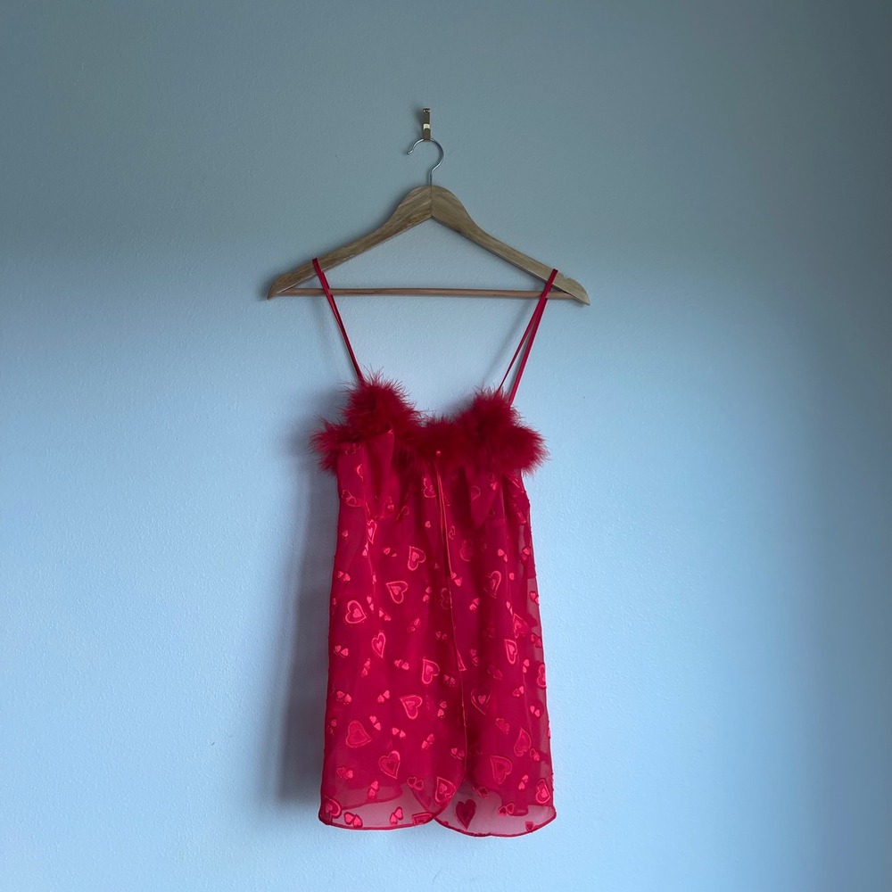 Vintage Inner‎ Most Heart Motif Fur-Trimmed Chemise Slip